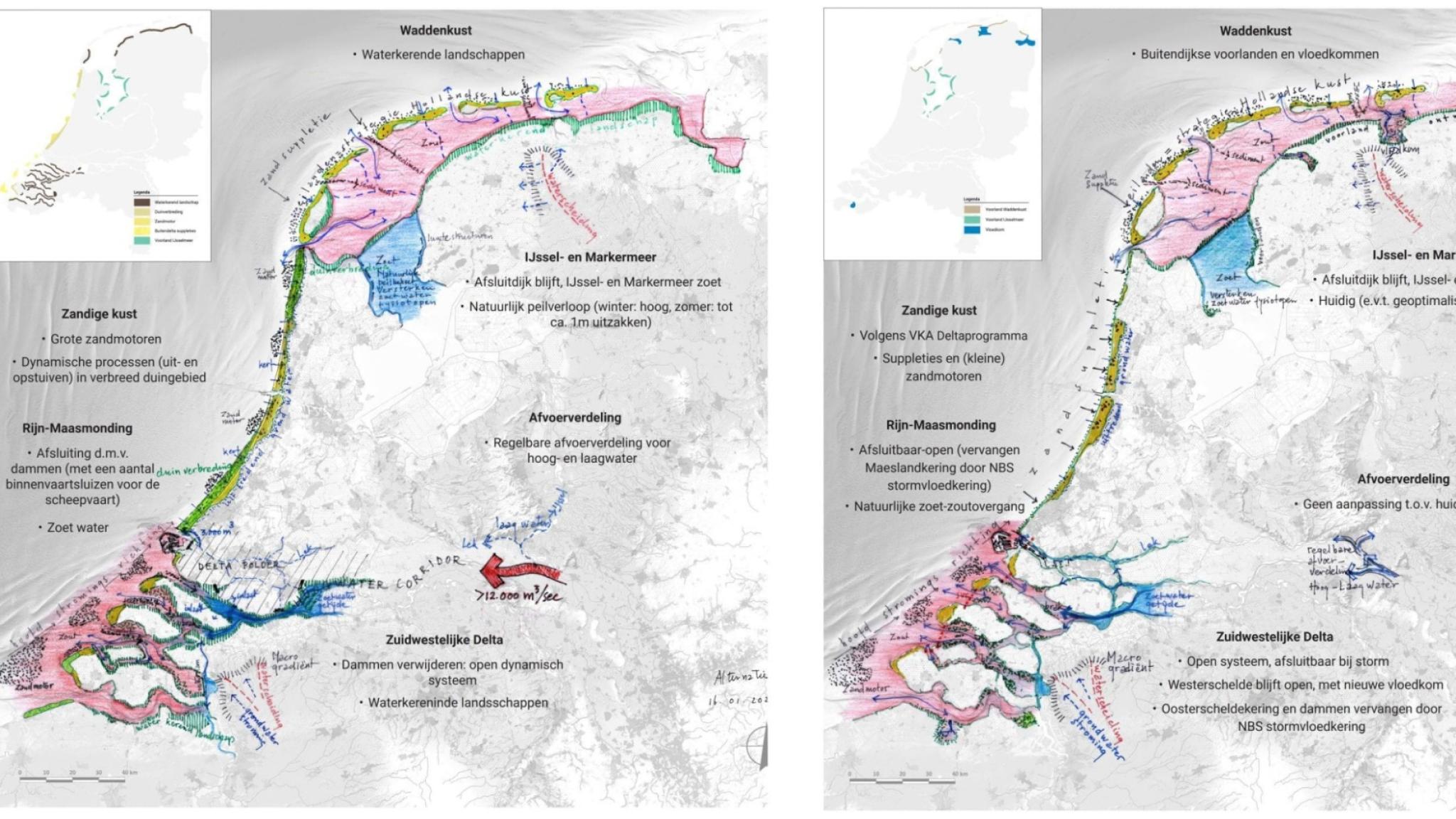 two maps of the Netherlands showing scenarios