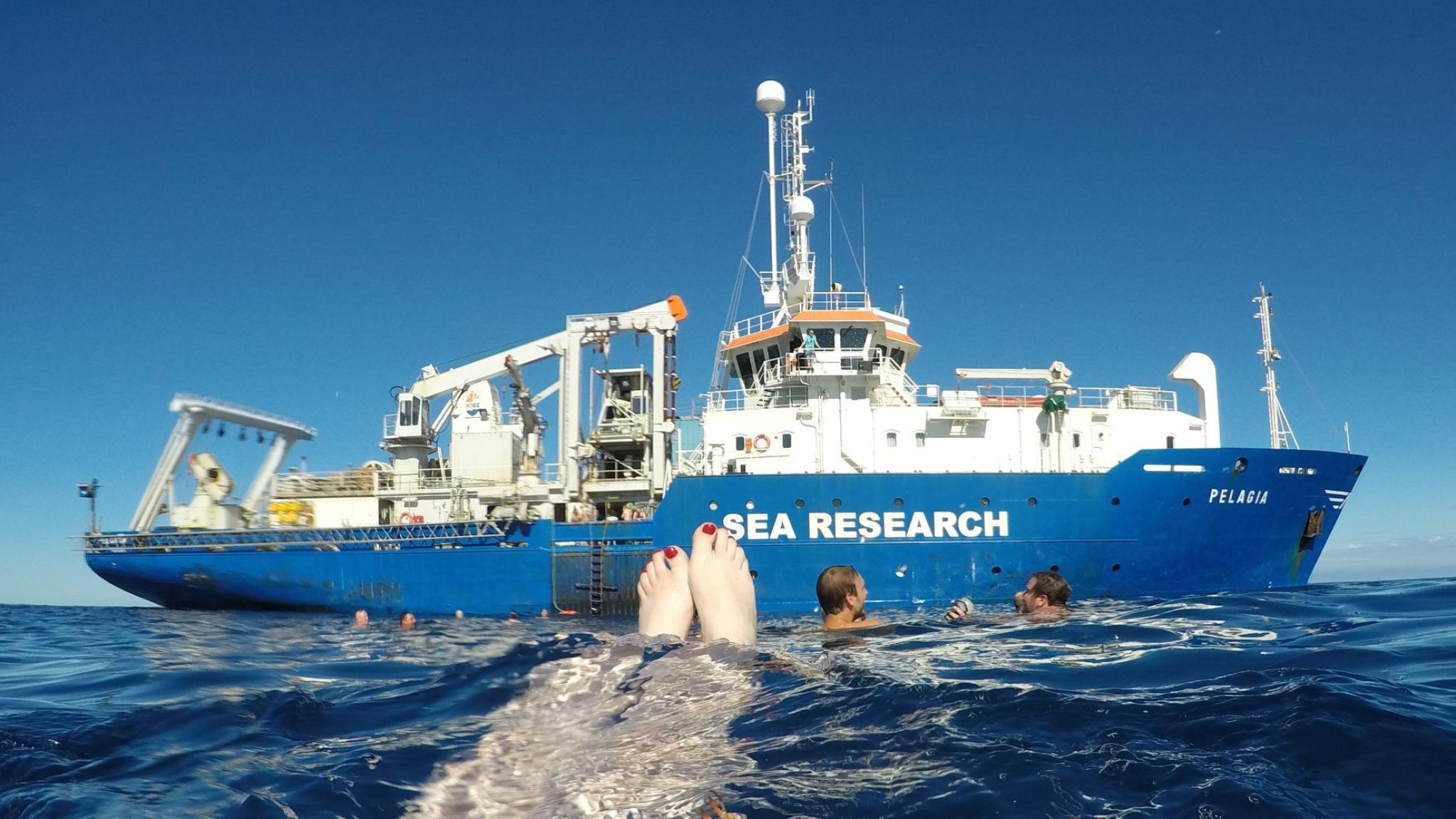 People swimming on open sea on a sunny day, with the Pelagia in the backdrop