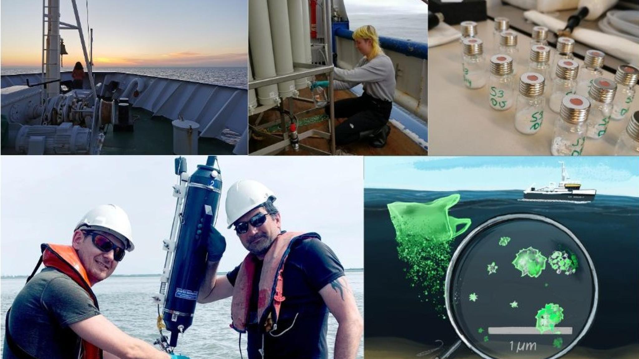 Five photos showing aspects of the work on a research vessel: sampling of water, handling samples in the lab and the view over the ocean