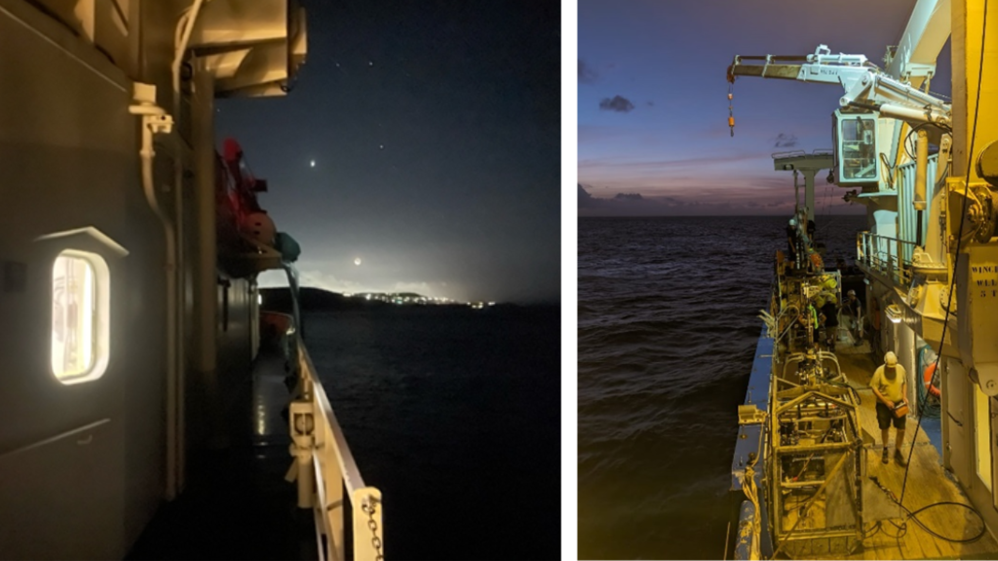 Left: Night view with Willemstad and the moon in the background. Right: Evening from the ship.