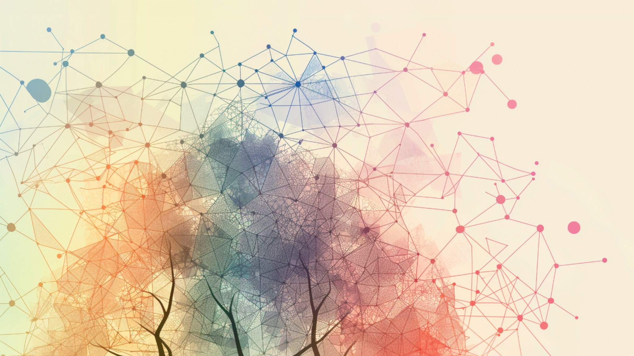 Illustrated thesis cover featuring a stylized tree whose branches transition into a colorful network of interconnected nodes and lines, symbolizing evolutionary relationships. Soft gradients of blue, green, and red blend across the canopy. The title reads ‘Tracing the evolutionary history of cellular life’ with author Tara A. Mahendrarajah.