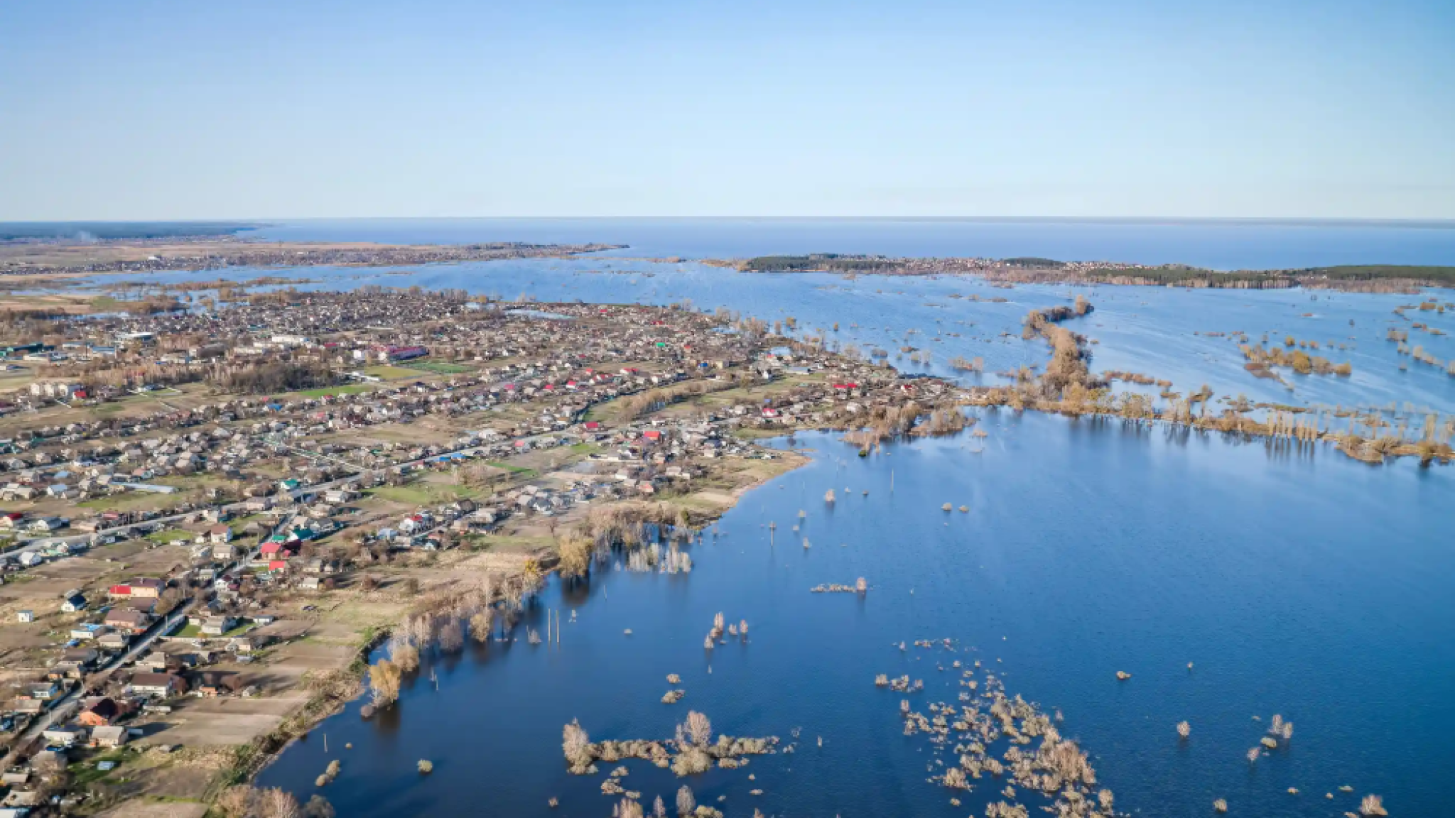 The damaged Irpin dam and the flooded landscape around the village of Demydiv located north to Kyiv.