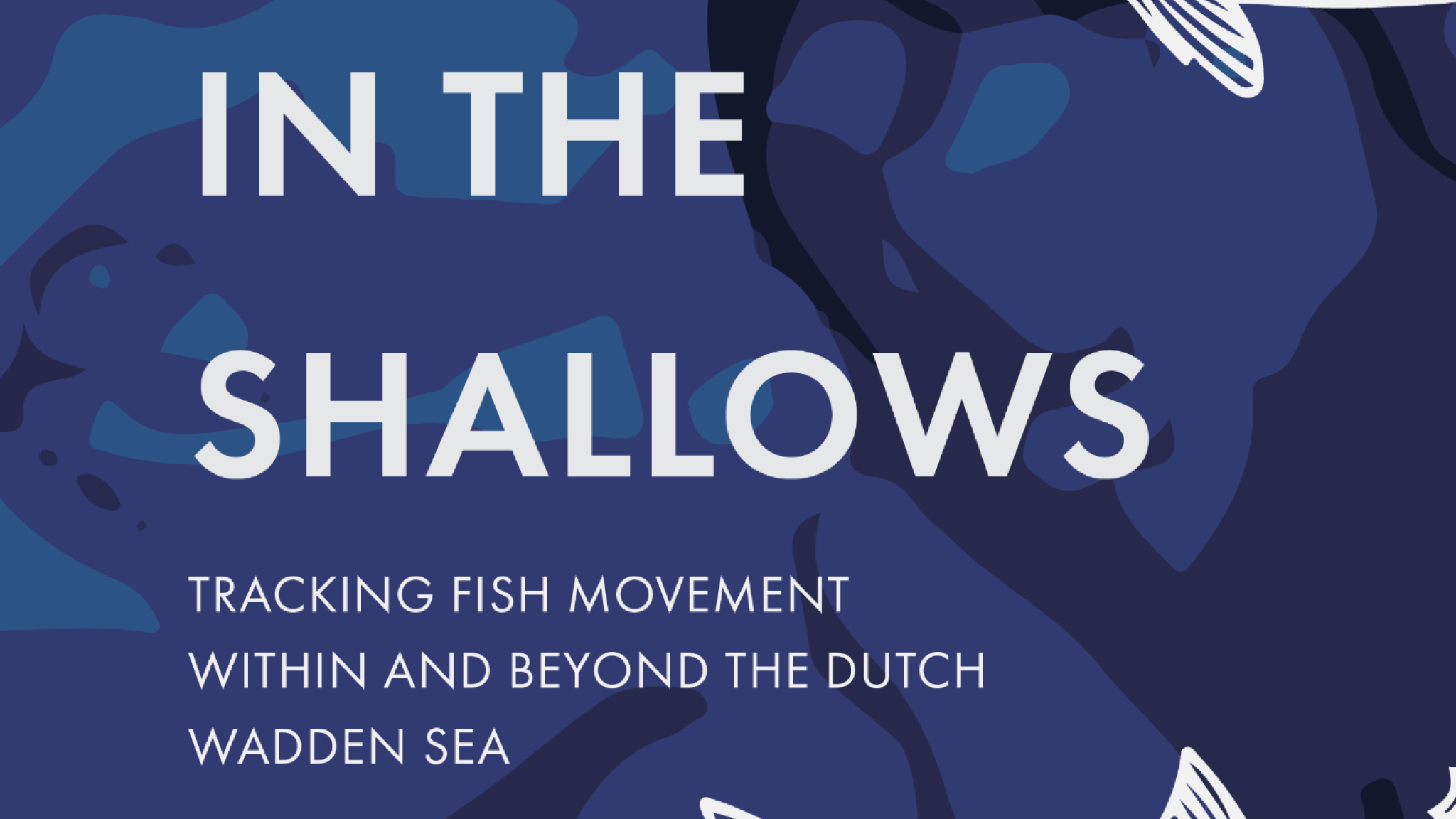 PhD thesis cover titled 'Life in the shallows; tracking fish movement within and beyond the Dutch Wadden Sea. Blue cover with white fish on it.(photo: Jena Edwards)