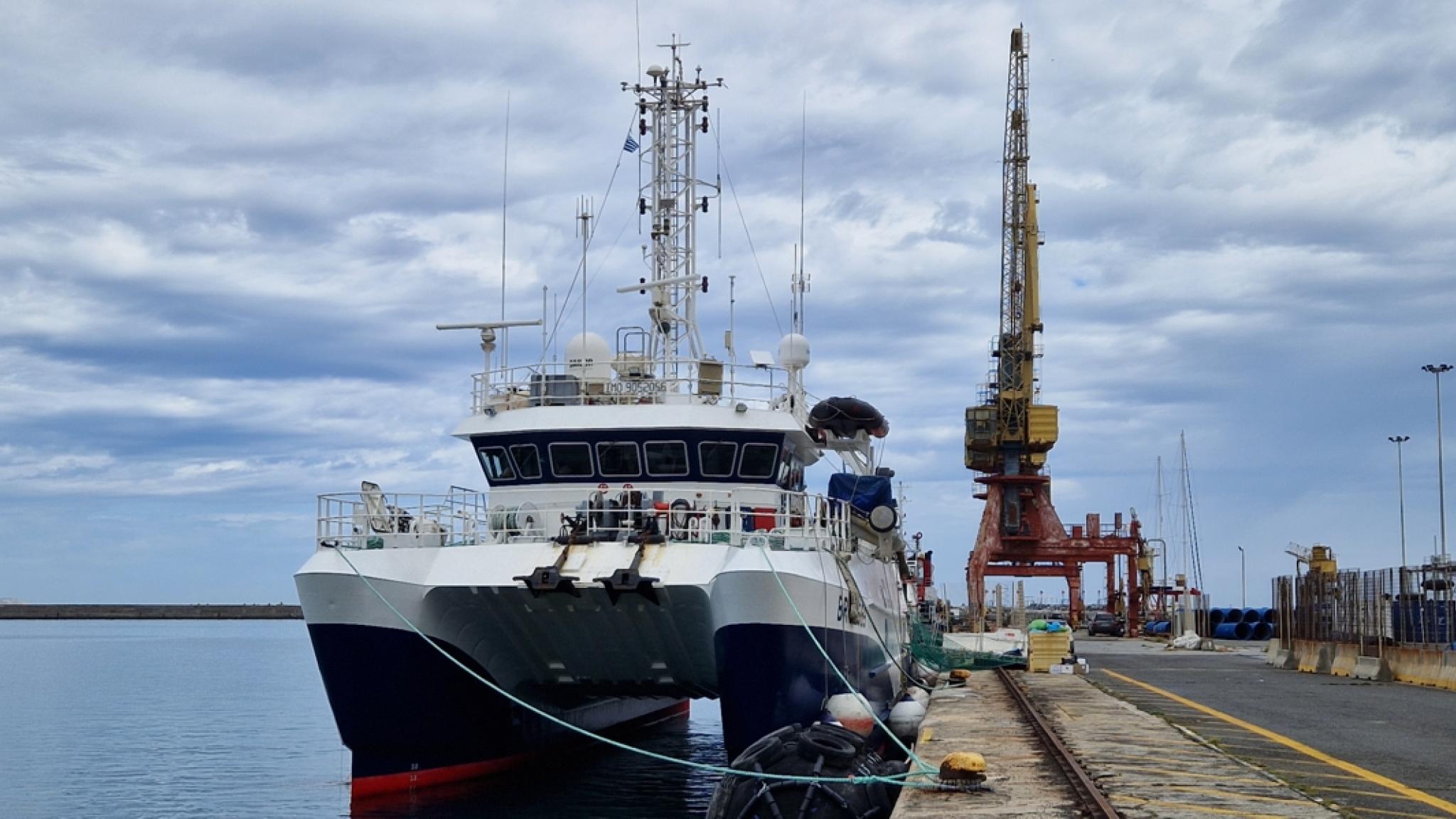 The N.O. l'Europe, the French research vessel, anchored at a quay.