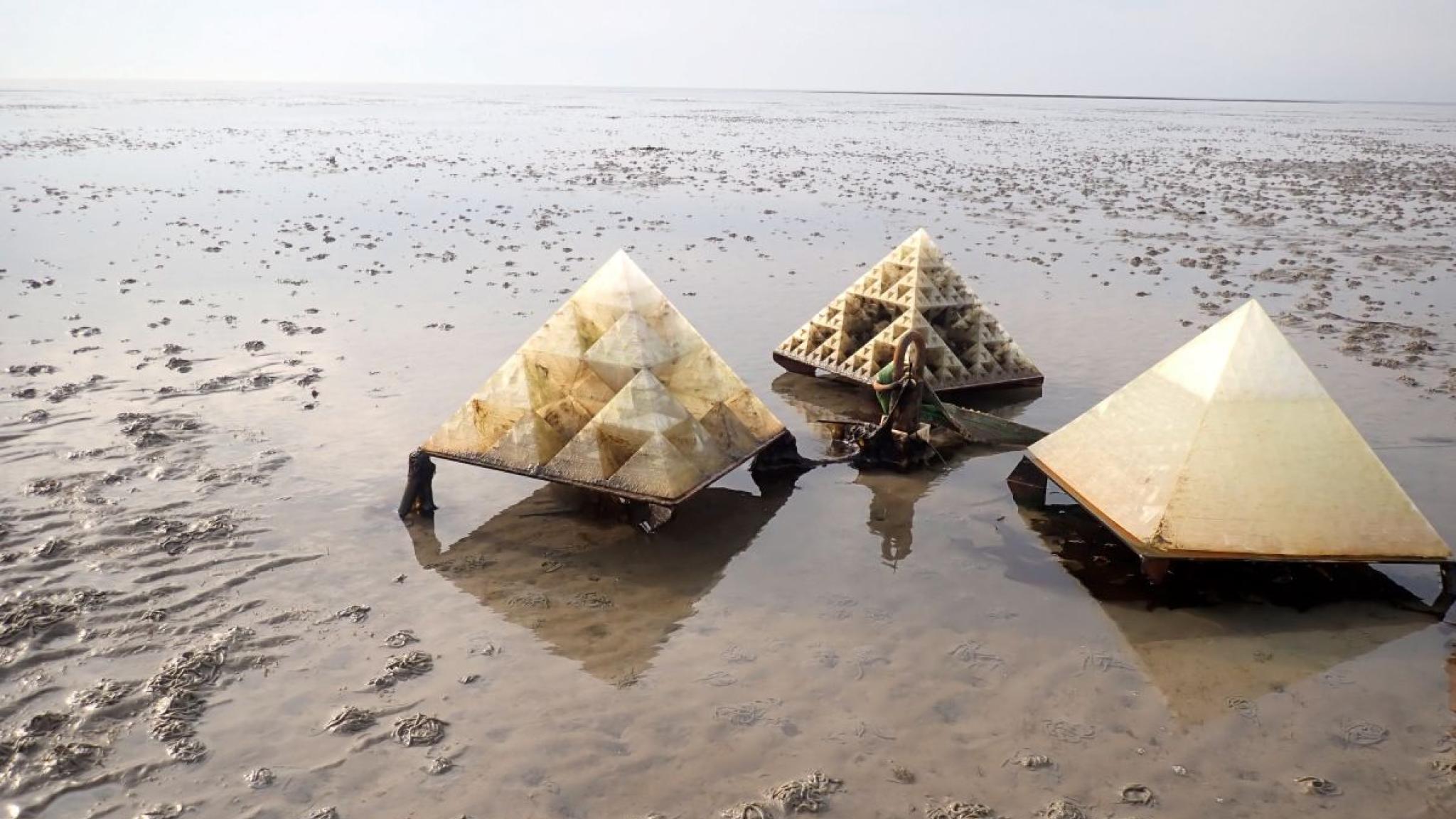 Three pyramid like structures for reef restoration on a mudflat