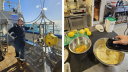 Two images side by side. The left image shows a person (Rosanne) on the deck of the RV Pelagia. The right image shows the inside of the galley. Someone is cooking something. There are two bowls. One contains eggs and the other contains batter and a mixer. The mixer is being held by a hand.