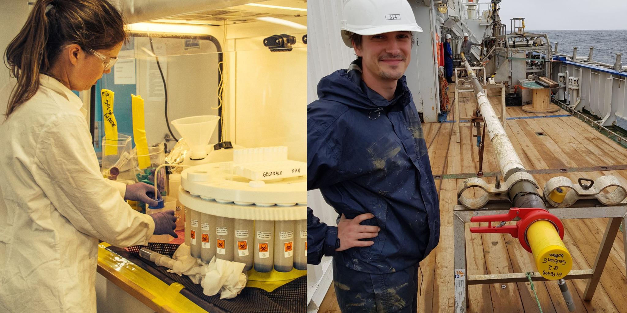 Left Michelle working in a lab on board; right Rick standing on deck next to a core sample