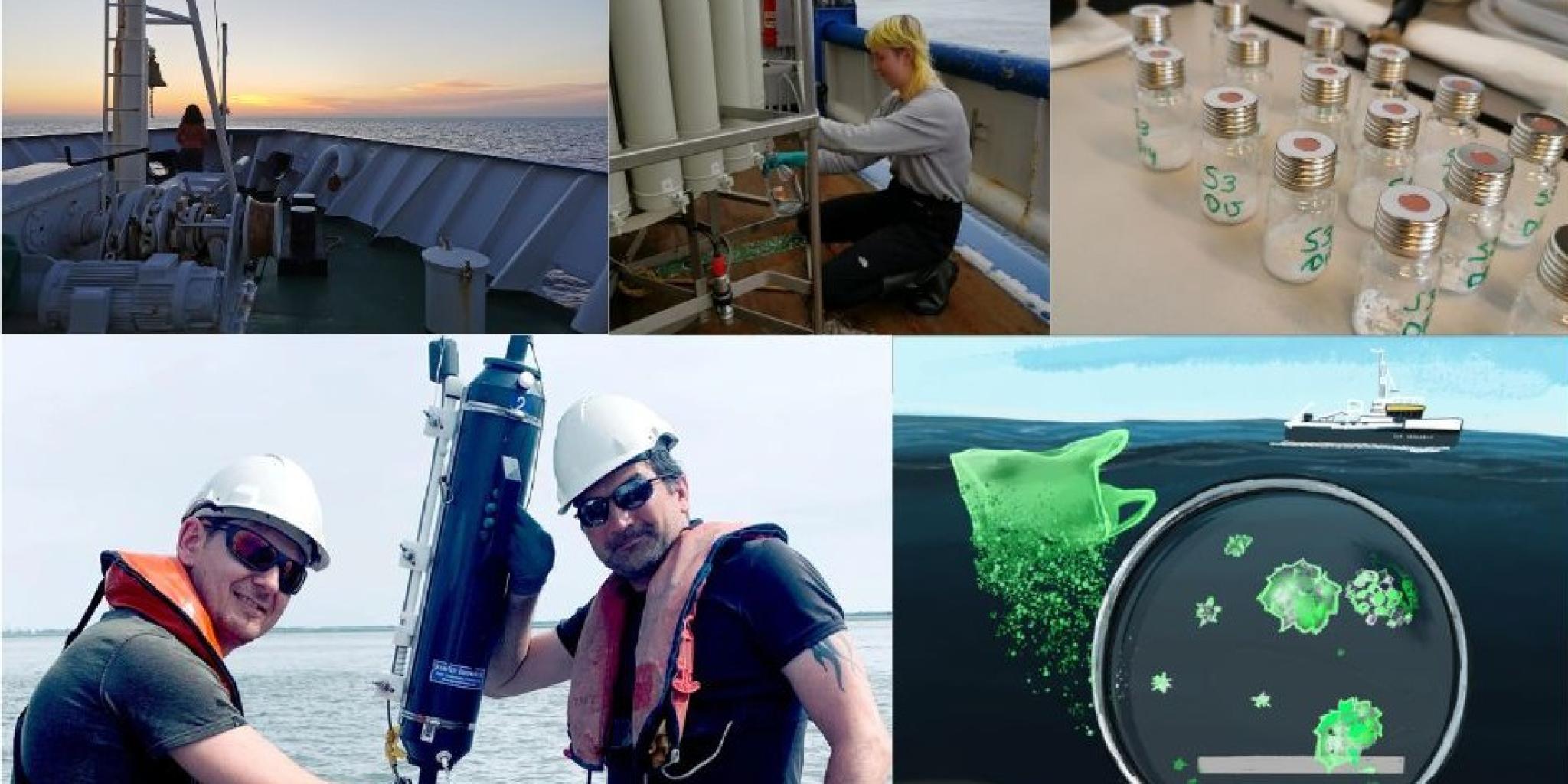 Vijf foto's die aspecten laten zien van het werk op een onderzoeksschip: bemonstering van water, verwerking van monsters in het lab en het uitzicht over de oceaan
