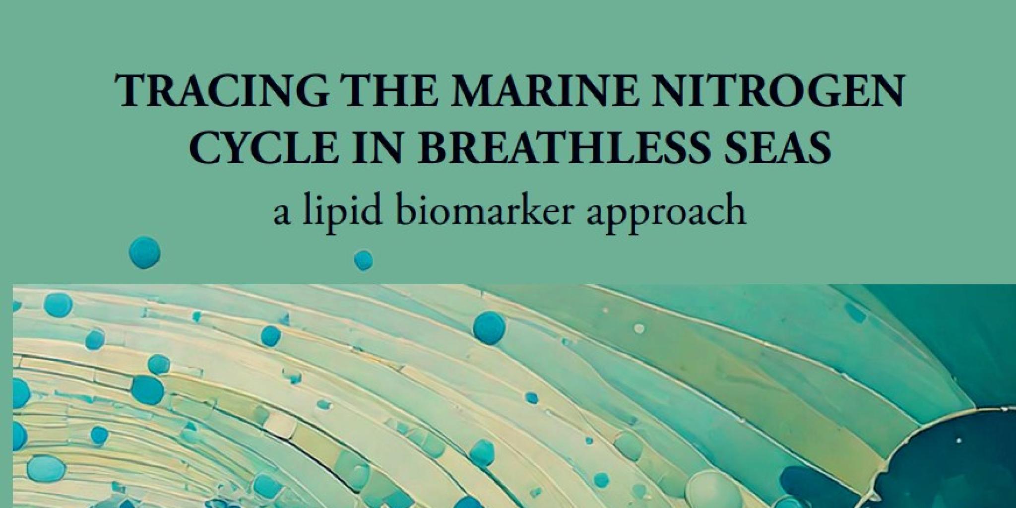 Thesis cover with abstract illustration of an ocean wave in blue tones with circular patterns, referring to a lipid biomarker approach.