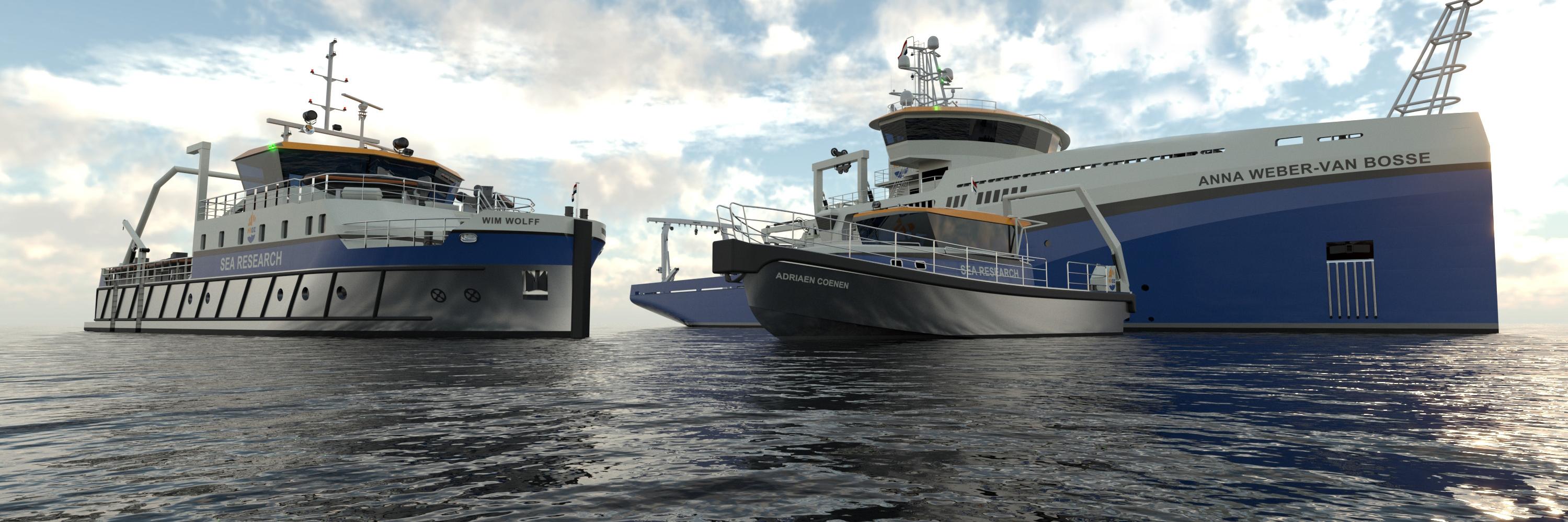 Illustratie van drie onderzoeksschepen van verschillende grootte op zee