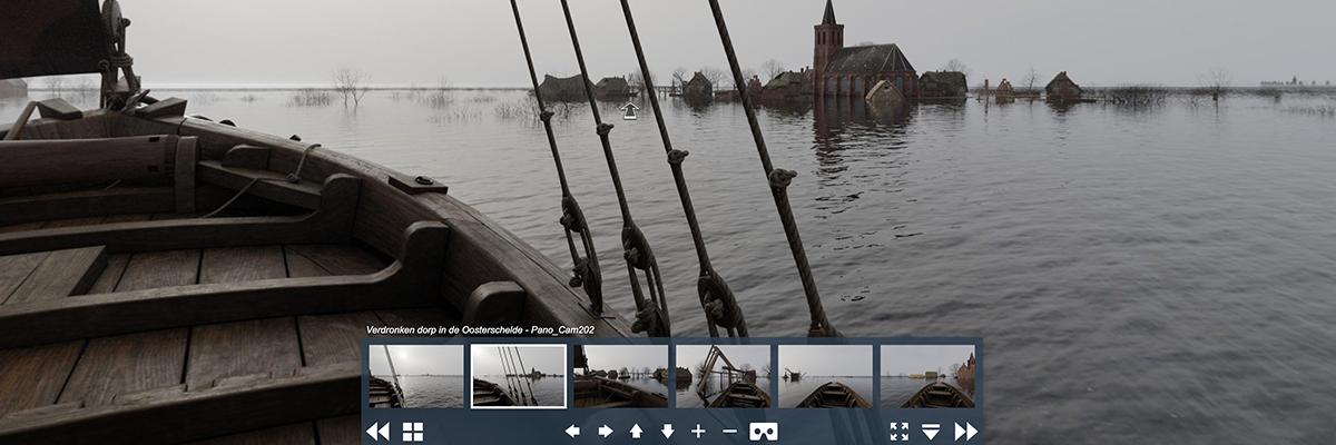 A still from a virtual reality tour. In the front there is part of a ship, as if you are standing on deck, and looking out over the water. At the horizon there is a flooded village, you see a church, some roofs of houses and some trees just above the water line. At the bottom of the screen you see different other screens showing other viewpoints in the VR tour that you can switch to.