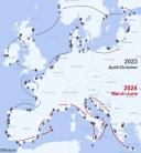 Geplande verloop van de TREC expeditie. Zichtbaar zijn de gebieden waar zee, kust en land bemonsterd worden.